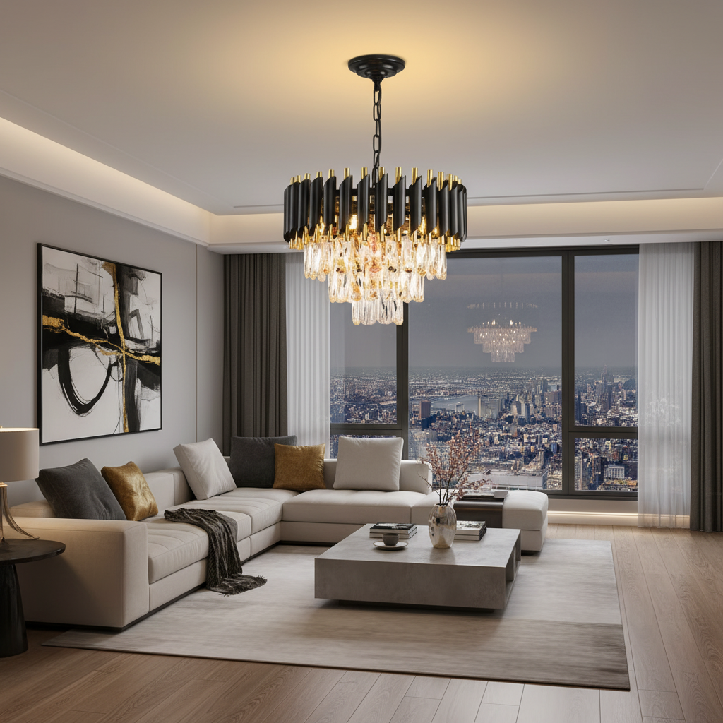 Black & Gold Crystal Chandelier – Modern Luxury