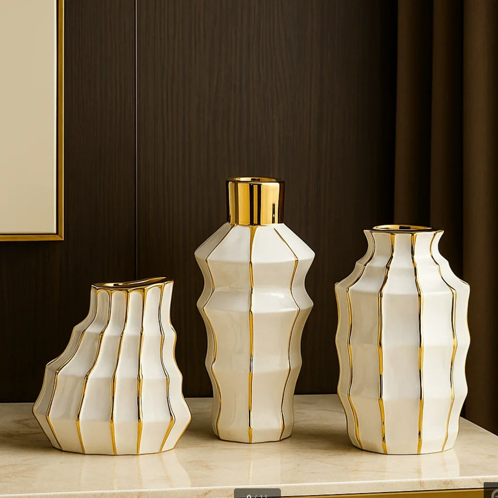 Black & Gold Ceramic Vase Set - Modern Gilded Tabletop Vases for Living Room & Dining Decor