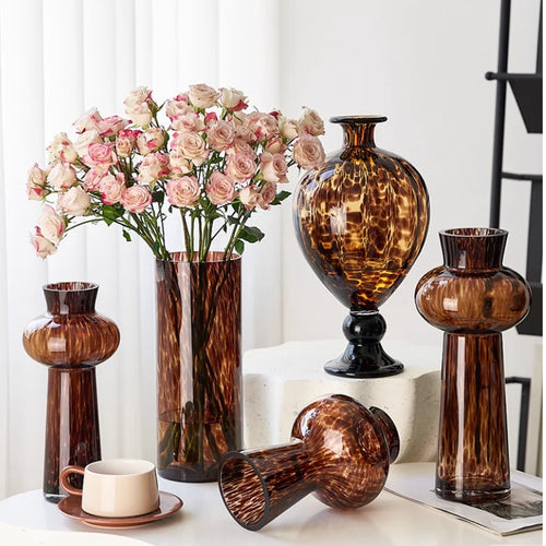 Leopard Print Glass Vase – Vintage Brown Big Belly Flower Vase for Living Room Table Decor