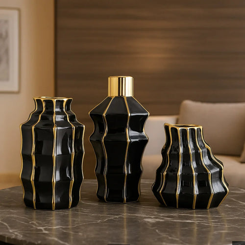 Black & Gold Ceramic Vase Set - Modern Gilded Tabletop Vases for Living Room & Dining Decor