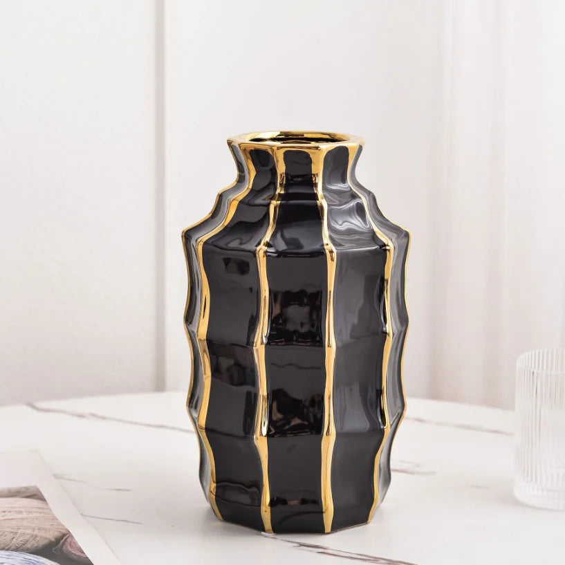 Black & Gold Ceramic Vase Set - Modern Gilded Tabletop Vases for Living Room & Dining Decor