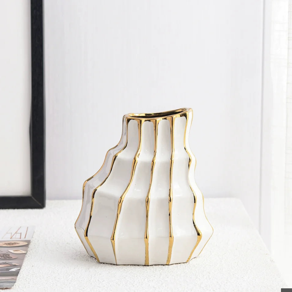 Black & Gold Ceramic Vase Set - Modern Gilded Tabletop Vases for Living Room & Dining Decor