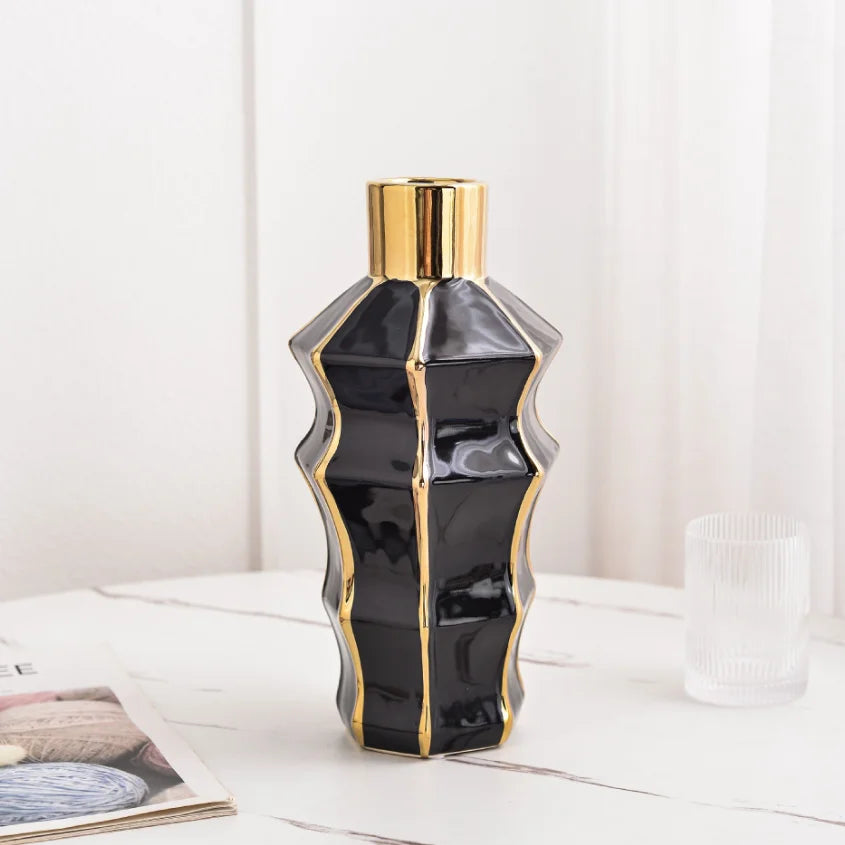 Black & Gold Ceramic Vase Set - Modern Gilded Tabletop Vases for Living Room & Dining Decor