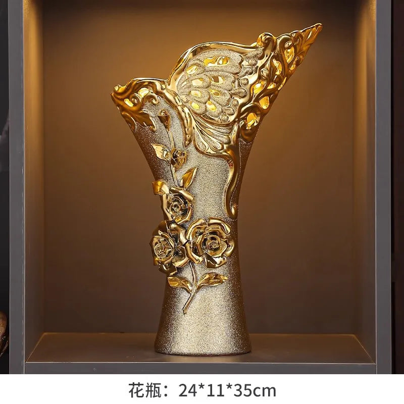 Gold Ceramic Flower Vase – European Luxury Tabletop Vase for Living Room, TV Cabinet & Entryway Decor