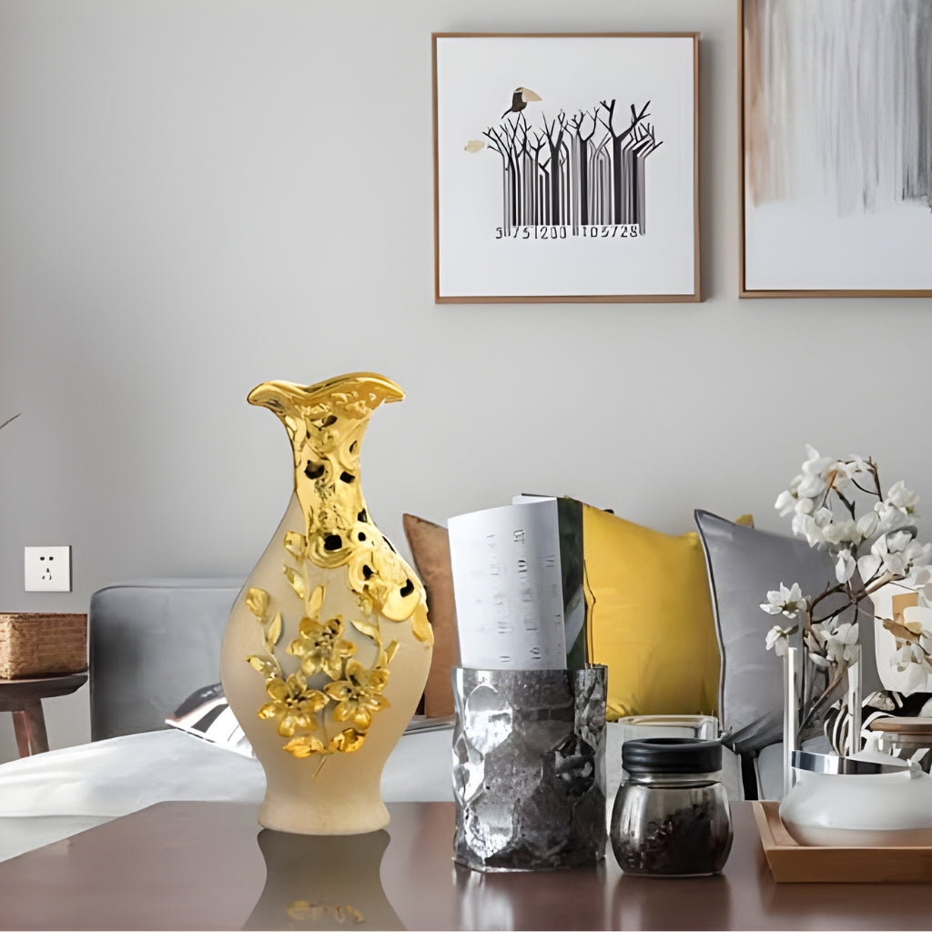 Gold Ceramic Flower Vase – European Luxury Tabletop Vase for Living Room, TV Cabinet & Entryway Decor