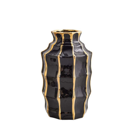 Black & Gold Ceramic Vase Set - Modern Gilded Tabletop Vases for Living Room & Dining Decor