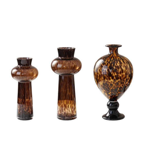 Leopard Print Glass Vase – Vintage Brown Big Belly Flower Vase for Living Room Table Decor